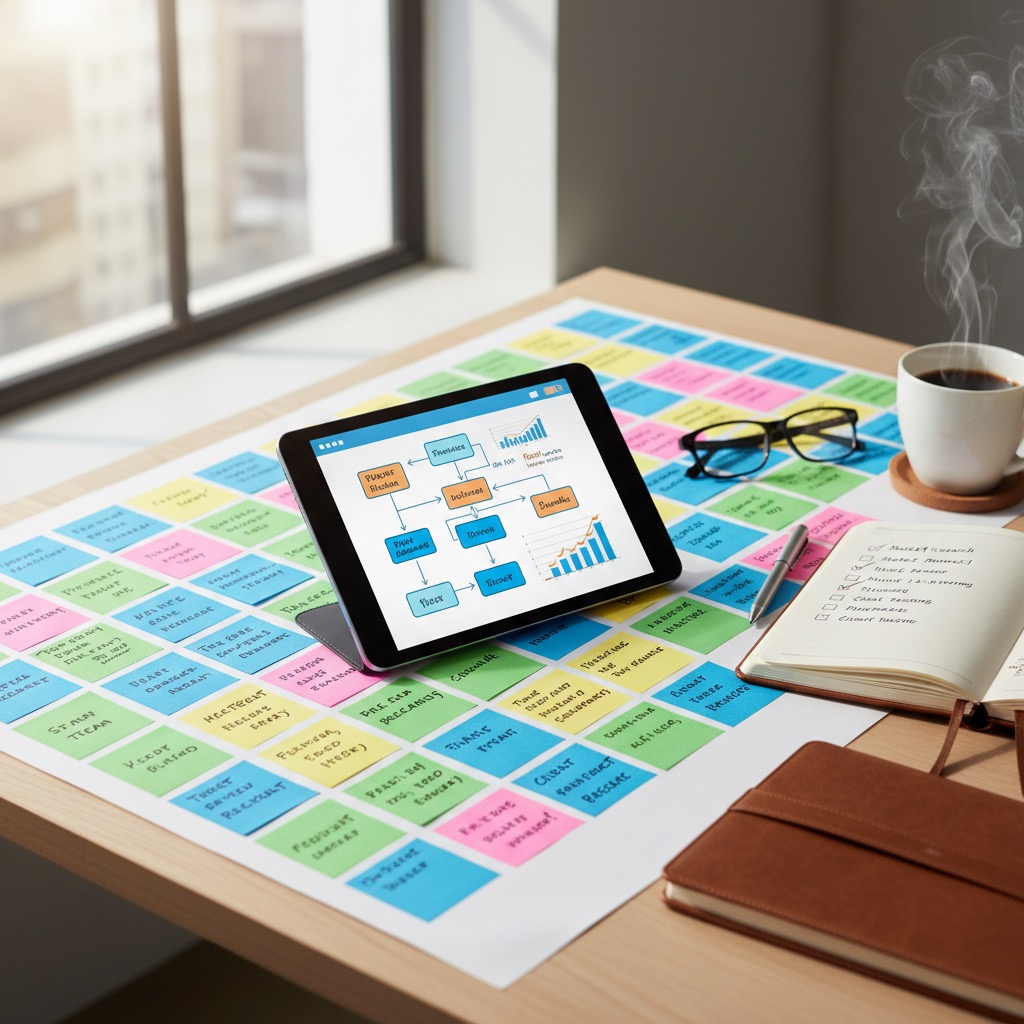 Une tablette affichant un organigramme repose sur un grand papier rempli de post-its colorés, à côté d'une tasse de café fumante et d'un carnet sur un bureau en bois.
